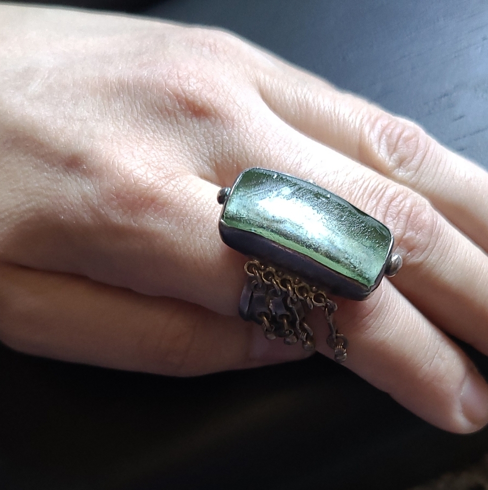 Israel 925 Ring Ancient Roman Glass Adjustable Artisan Made